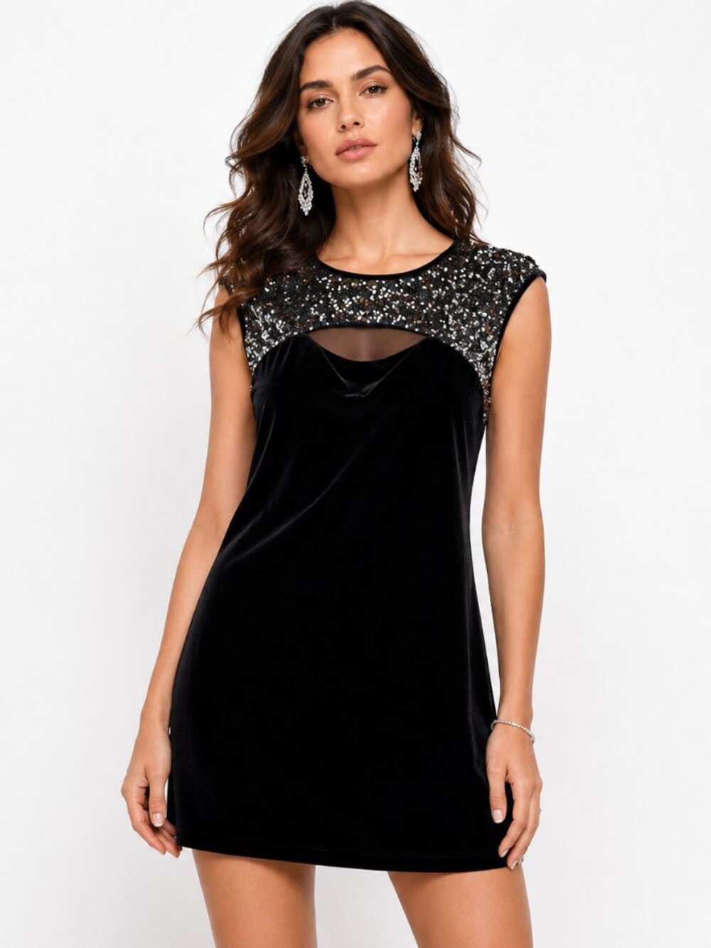 Laundry by Design Velvet Sequin Shift Dress 12 Black Cap Sleeves Cocktail Formal